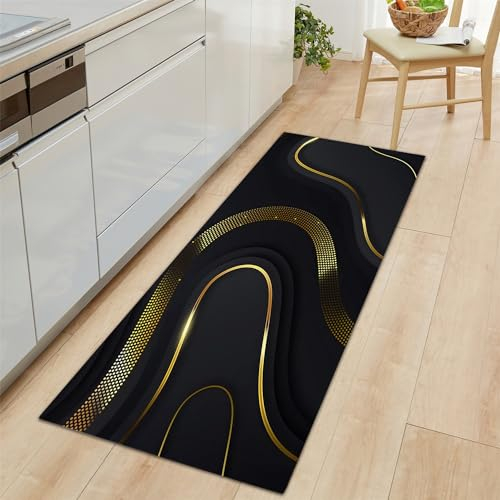 Küchenläufer 60x120cm rutschfest Teppich, Schwarz Küchenteppich Waschbar, Moderner Geometrischer Luxus Aus Marmor Hochwertige Küchenmatten, Teppich Läufer für Küche, Terrasse & Wohnraum