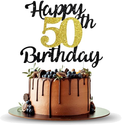 KOBOKO Happy Birthday Tortendeko, 50 Geburtstag Deko, Cake Topper Happy Birthday, Cake Topper Geburtstag, Tortendeko Geburtstag mit Schwarz-Goldener Ziehfahne, Glückwunschkarte zum Geburtstag