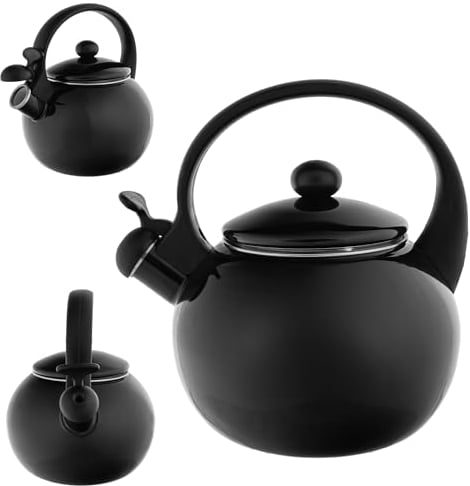 KADAX Wasserkessel aus Edelstahl, Teekessel 2.2L, Emaillekessel mit Griff, Retro Wasserkocher für alle Herdarten, Teekocher, Flötenkessel, Pfeifkessel (Schwarz)