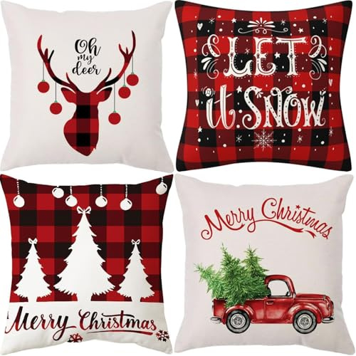 VITEVER Kissenbezug Weihnachten 4er Set, Leinen Look Kissenbezüge mit Weihnachtsbaum Hirsch Muster Rot Weihnachten Deko Kissenhülle für Schlafzimmer Auto Merry Christimas Cushion Covers 45 x 45 cm