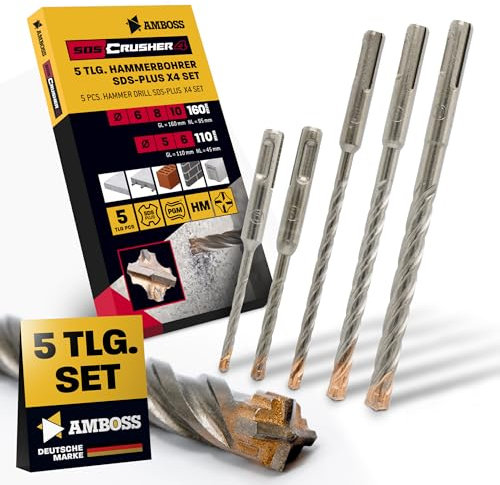 SDS+ Hammerbohrer Set 5tlg. 4X Schneiden PGM Ø 5-10mm x 110/160mm - AMBOSS Werkzeuge SDS Crusher 4 - HM Betonbohrer Hartmetall Profi Bohrer - Stahlbeton Steinbohrer Beton Mauerwerk Kalksandstein