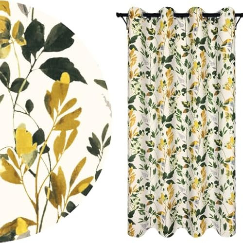 Voppi Flächenvorhang mit Blattmuster 140x260 cm mit Ösen Pflanzenmuster Blätter Blumen Heller Fenstervorhang mit grünen und goldenen Blättern Innenvorhang für Terrassenbalkonfenster