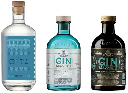 Degustazione GIN Italiano | Confezione da 3 bottiglie da 70 cl l'una: Gin artigianale De Antoni secco ed equilibrato, Mazzetti botanico, Mazzetti Black Edition speziato