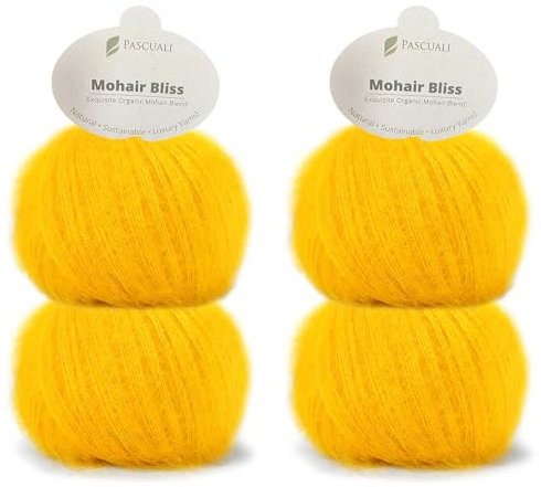 PASCUALI | Mohair Bliss |Strickwolle aus 60% Mohairwolle (Kid Mohair) 40% Seide Wolle Mohairgarn zum Stricken und Häkeln, SET: 4 Knäuel - 100g - Farbe:Zitrone 821