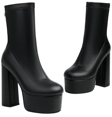 KUHAOFEU Bottines À Plateforme pour Femme Talon Bloc Chaussures À Talons Hauts Et Rondes avec Fermeture Éclair,Noir,48 EU