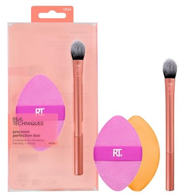 Real Techniques Precision Perfection Duo, viraler Kitten Paw Concealer-Pinsel und zweiseitige Puderquaste für Puder und Foundation, reisefreundliches Make-up-Pinsel-Set, tierversuchsfrei, 2-teiliges