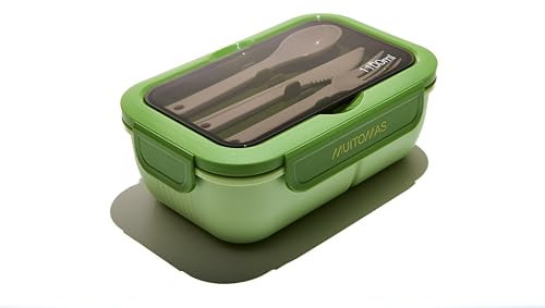 Muitomas, Lunch Box 1100ml, Porta Pranzo con Posate e Tre Scomparti Interni, Portapranzo Ermetico per Alimenti, Lunch Box Microonde, Lavastoviglie e Congelatore, Colore Verde Salvia