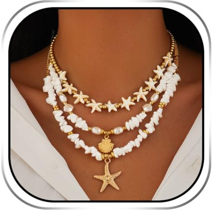 Handcess Boho-Seestern-Halskette, goldfarben, Muschelanhänger, Perlen, Puka-Halskette für Damen, Einheitsgröße, Muschel, Seestern, Kein Edelstein
