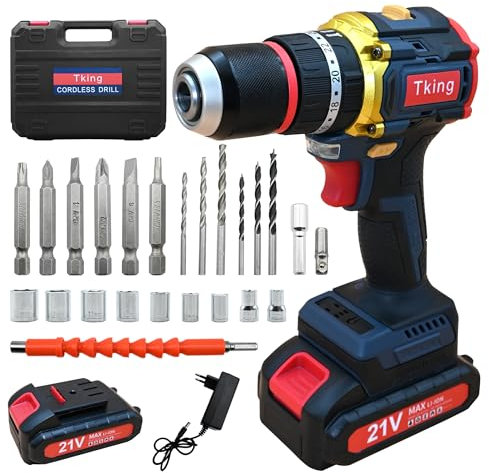 Tking 21V Akku-Bohrmaschine mit Li-Ionen 2x Akkus 24+3 Drehmoment-Bohrmaschine 2-Gang-LED-Arbeitsleuchte Elektroschrauber-Set Impact Hammer Kombi-Bohrer Kombi-Bohrmaschine (Akku-Bohrschrauber/Blau)