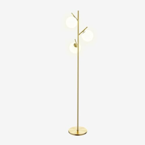 Lampadaire sur pied salon en métal doré lampe de sol avec 3 abat-jours globe blanc verre pour salon et chambre