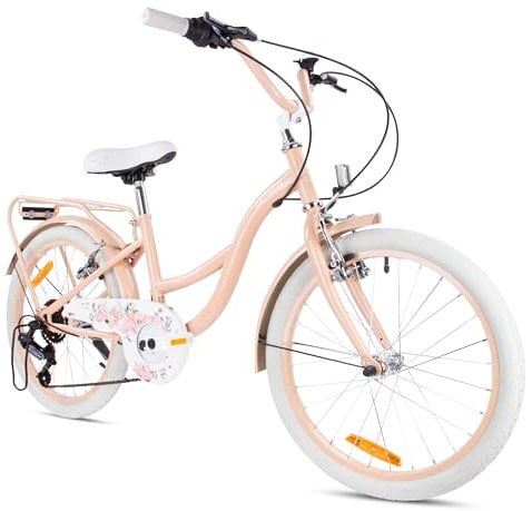 sun baby Mädchenfahrrad 20 Zoll Flower Bike Radgröße zur Auswahl 6 Gang Shimano Kinderfahrrad Kinderrad für Mädchen von 6 bis 10 Jahre verstellbare (Aprikose)