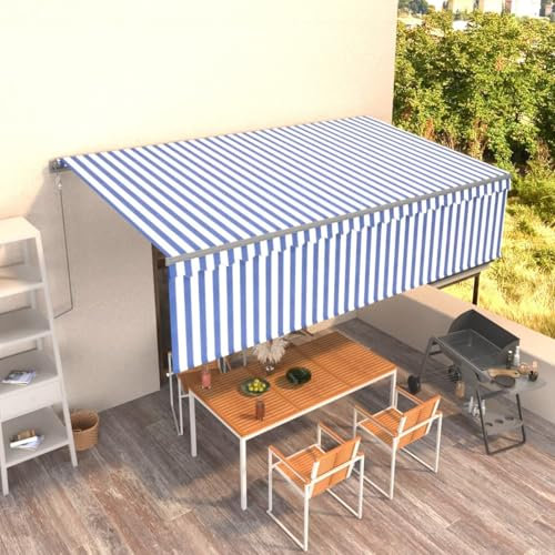 IKAYAA Toldo Eléctrico Retráctil con LED y Sensor 5 x 3 m, Toldo Enrollable Aluminio y Poliéster,Toldo Completo con Manivela Eléctrico, Persiana, Toldo Eléctrico para Balcón y Veranda Azul y Blanco