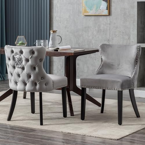 Ya-Home Samt Esszimmerstühle 2er Set, Küchenstuhl mit Löwenkopf-Dekor, Polsterstuhl mit Holzbeine für Esszimmer, Grau