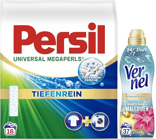 PERSIL Universal Megaperls (16 WL) - Vollwaschmittel mit Tiefenrein-Frische - reine Wäsche & hygienische Frische - 20 °C bis 95 °C & VERNEL Aromatherapie Zauberhafte Malediven Weichspüler (37 WL)