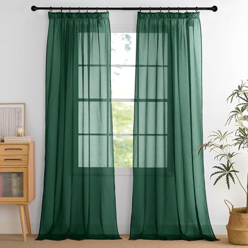 PONY DANCE Rideau Voilage Salon - Voilages Vert Foncé Galon Fronceur Décorations Maison Chambre Fenêtre Intérieurs Noël L140xH245cm Voile Moderne Transparent, Double Pièces