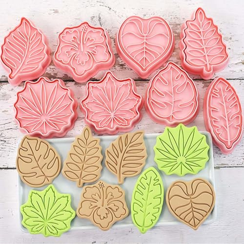 8 Piece Leaf Cookie Cutter Set, Tropical Shapes for Baking | Eucalyptus, Monstera, Hibiscus, Sycamore, Fan Palm Leaf Biscuit Cutters Molds for Fall, Thanksgiving, Holiday & Party Treats