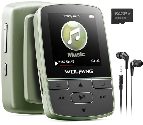 WOLFANG Reproductores MP3 de 64 GB con Bluetooth 5.3, Clip Deportivo, tamaño Mini, Peso de 1 Onza, Radio FM HiF, grabadora de Voz, Auriculares incluidos, Verde Militar