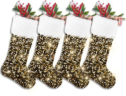 JOLCEEY 4 Pack Christmas Stockings, Large Gold Glitter Sequin Black Xmas Hanging Stockings Decoration for Christmas Fireplace Personalized Decorations Socks