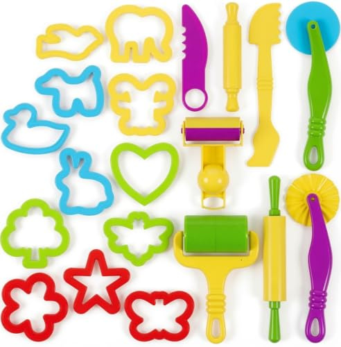 Clayo-20PCS Play Dough Tools Set for Kids, Playdough Cutters and Molds with Rolling Pin, Plastic Dough Knife and Pattern Rollers, Toddler Sensory Toy, Preschool Arts and Crafts Kit for Boys and Girls