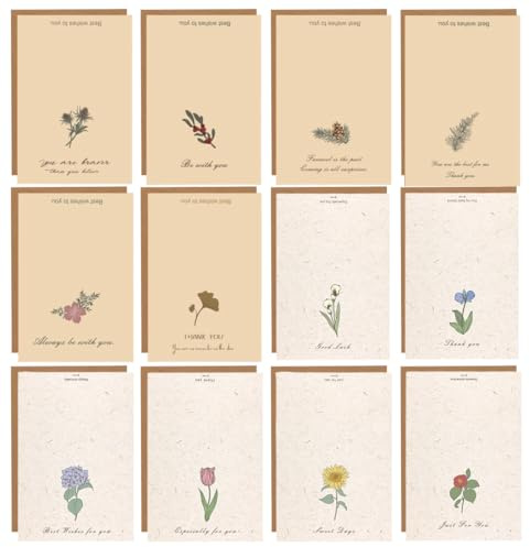 VEOIRXU 12 Pièces Cartes avec Enveloppe et Autocollants Carte Postale Set Simple et Élégante Cartes Ornées de Plantes et de Fleurs Carte pour Noël Nouvel An Pâques et Saint-Valentin (12 Motifs)