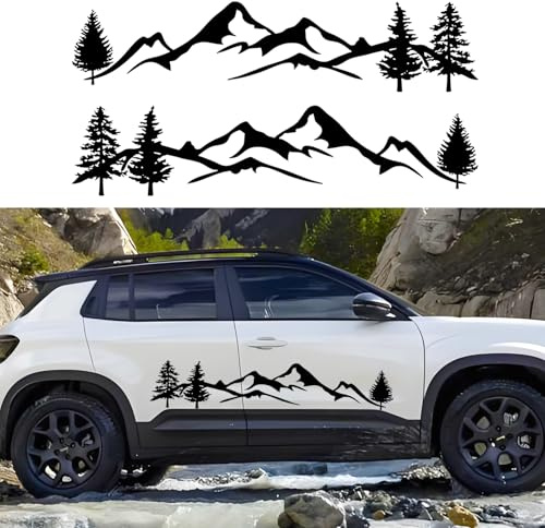 CharmVolax 1 Paar Berg Baum Autoaufkleber, wasserdichte Vinyl Motorhaube Seitenkörperaufkleber Motorhaube Autofensteraufkleber Dekoration für SUV Geländewagen Jeep Camper Wohnmobil LKW, Schwarz