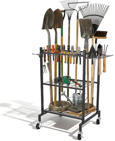 Porta Attrezzi da Giardino su Ruote,71 X 42 X 31 Cm,in Metallo,con 4 Ganci E 35 Scomparti,Organizer per Attrezzi da Giardino per Riporre Scope,Pale E Rastrelli
