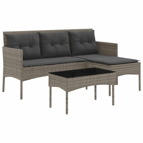 HFXHIJXQ L-Form Gartensofa Set 2-teilig,Poly-Rattan Lounge Set mit Glastisch und Kissen, 3-Sitzer Ecksitzgruppe für Garten, Terrasse und Balkon, Rattan Gartenmöbel