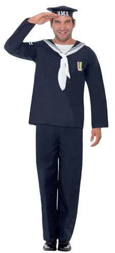 Smiffys Naval Seaman, Blue Includes Hat, Top and Trousers, 1940's Wartime Fancy Dress, 1940s Dress Up Costumes
