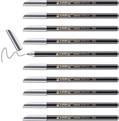 edding 1200 metallic Fasermaler - silber - 10 Stifte - Rundspitze 1-3 mm - zum Malen, Schreiben und Zeichnen mit glänzendem Metalliceffekt - für Gästebücher, Grußkarten, Fotoalben, Scrapbook
