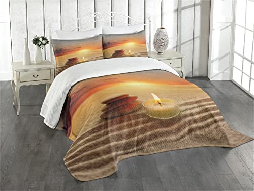 ABAKUHAUS Boho Tagesdecke Set, Meditation Yoga-Kerze, Set mit Kissenbezügen Waschbar, für Doppelbetten 264 x 220 cm, Orange Braun