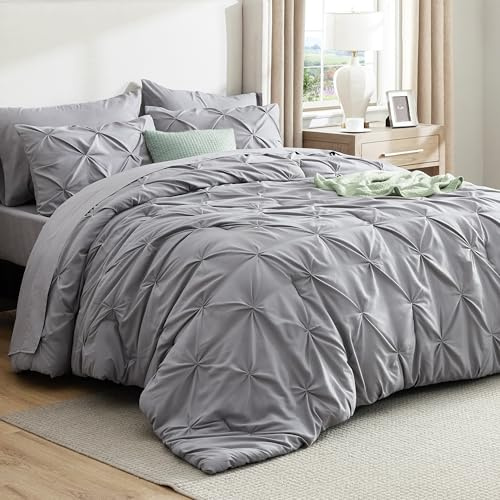 Bedsure Queen Comforter Set Grey - Bed in a Bag Queen Size Bedding 7 Pieces, GentleSoft™ Pintuck Bed Set Gift for Family, All Season Down Alternative Comforter with Sheets, Pillowcases & Shams