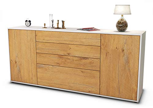 Stil.Zeit Sideboard Eleni, Korpus Weiss matt, Front Holz-Design Eiche (180x79x35cm) Push-to-Open Technik & Leichtlaufschienen