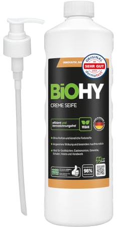BiOHY Creme Seife (1l Flasche) mit Pumpspender, Haushalt, Handhygiene | Creme Seife als Nachfüllpack, hautschonende und rückfettende Handseife mit pflanzlichen Inhaltsstoffen