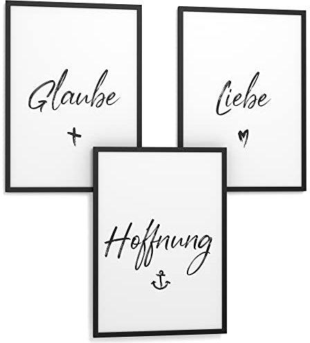 Papierschmiede® Premium Spruchbilder Set 3er mit Rahmen, DIN A3 fertig gerahmt (Material und Farbe wählbar) Glaube Liebe Hoffnung, Poster Bilder Set mit Sprüchen, Typografie Wohnzimmer