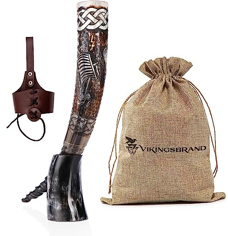 Drakkar, tazza in corno vichingo, realizzata a mano, in edizione speciale, per vichinghi, con supporto, corno intagliato a mano, per uso alimentare (Drakkar, 50,8 cm)