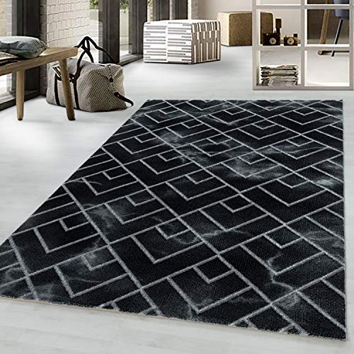 Ayyildiz Modern Designer Teppich, Kurzflor Rauten - Marmor Optik, Rechteckig, Schwarz und Bronzefarbe Teppich, Pflegeleicht, Wohnzimmerteppich, Größe:120 x 170 cm, Farbe:Schwarz-Silber