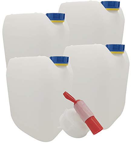 Männerladen 4 x 10 Liter Getränke- Wasserkanister Natur mit 1 Hahn und 4 Schraubdeckel | Premium Qualität DIN 51 | Lebensmittelecht Tragbar Indoor und Outdoor