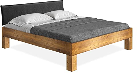 moebel-eins CURBY 4-Fuß-Bett mit Polster-Kopfteil, Material Massivholz, rustikale Altholzoptik, Fichte, 140 x 200 cm, vintage, Stoff Anthrazit ohne Steppung, Standardhöhe