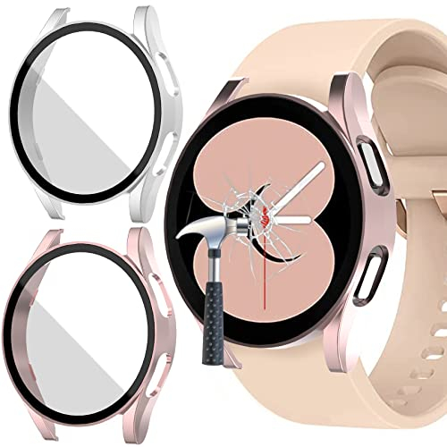 Jvchengxi [2 Stück Hülle für Samsung Galaxy Watch 4 / FE 40mm Glas Schutzhülle, HD Kratzfest Schutzfolie Hart Matt PC Vollschutz Gehäuse Displayschutz Case für Galaxy Watch FE / 4 (Silber/Roségold)