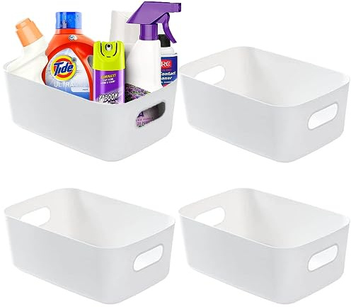 XFLYP 4er Set Weiße Rechteckige Aufbewahrungsbox, Organizer mit Griffen, Living Kleine Aufbewahrungsbox, Plastik Korb für Küche, Haus, Büro und Bad (22x 15x 10.5cm), CWH001