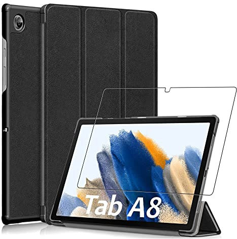 ebestStar - Funda para Samsung Galaxy Tab A8 10.5 (2021) SM-X200 X205, Carcasa Capa, Slim Case Protectora, Tapa Magnetica Cuero PU, Negro + Cristal Templado