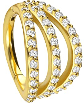 PIERCINGLINE Segmentring Clicker Chirurgenstahl 3 RINGE + EINGEFASSTE KRISTALLE Piercing Ohr Helix Conch Goldfarben 12 mm