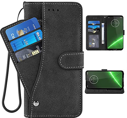 ELISORLI Compatible with Moto G7/G7+/Revvlry Plus Wallet Case Wrist Strap Lanyard Leather Flip Card Holder Stand Cell Phone Cover for Motorola G7Plus Moto7 XT1962-1 G 7 7G Tmobile Revvlry+-Black
