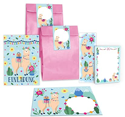 Junapack 12 Einladungskarten zum Kindergeburtstag Mädchen Lama incl. 12 Umschläge, 12 Tüten/rosa, 12 Aufkleber, 12 Lesezeichen, 12 Blöcke