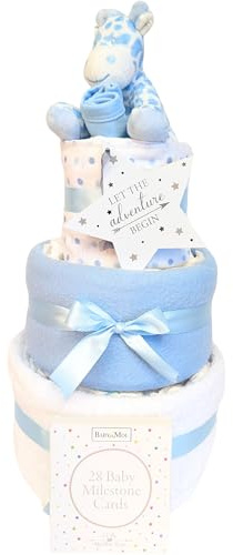 3 Tier Nappy Cake Diaper for Newborn Boy Keepsake Gift Set (9 Pieces Milestone Cards, Giraffe Socks, Towel Muslins Plaque) Baby Shower Maternity Presents for Mum to Be