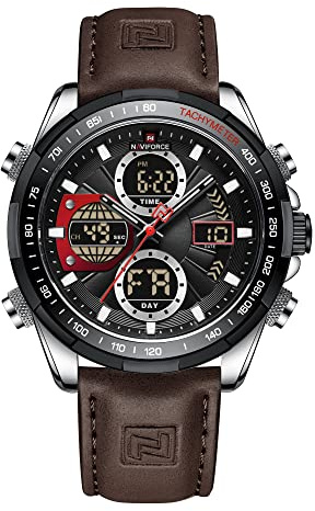 Naviforce Herren Militär Digitaluhren Analoge Quarzuhr wasserdichte Sport Multifunktions Lederarmbanduhr