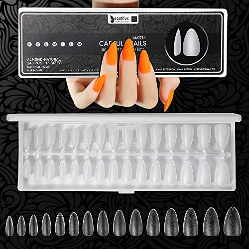 Beautilux 240pcs Faux Ongles Court Amande 15 Tailles Couverture ComplèTe Pré-poncé Mat Tough Capsules Américaines Manucure Français pour Presse sur les Ongles DIY, French Manicure Soft Gel Tips