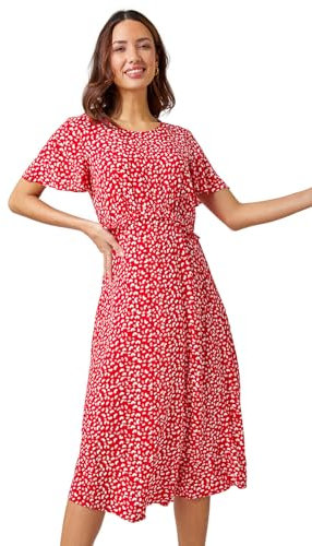 Roman Originals Ditsy Print Frill Waist Midi Dress for Women UK - Ladies Everyday Holiday Spring Summer Notch Neckline Comfy Soft Evening Vacation Work Party - Red - Size 20