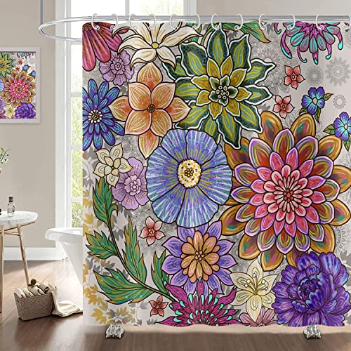 Hnmdmyi Rideau de Douche Boho Fleurs 180x200, Fleurs Bohème Coloré Rideau de Douche Vintage Blossom Art Esthétique Rideau de Baignoire Imperméable Polyester Tissu Lavable Rideau de Bain avec Crochets