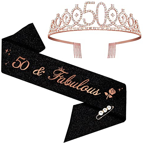 50. Geburtstags Tiara, 50 & Fabulous Geburtstags-Krone Schärpe Set, 50 geburtstag deko, geschenke zum 50 geburtstag frau (Rosegold)